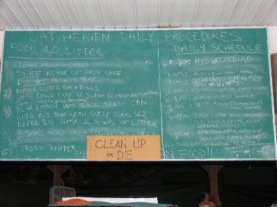 The instruction board - note the Clean Up or Die sign.